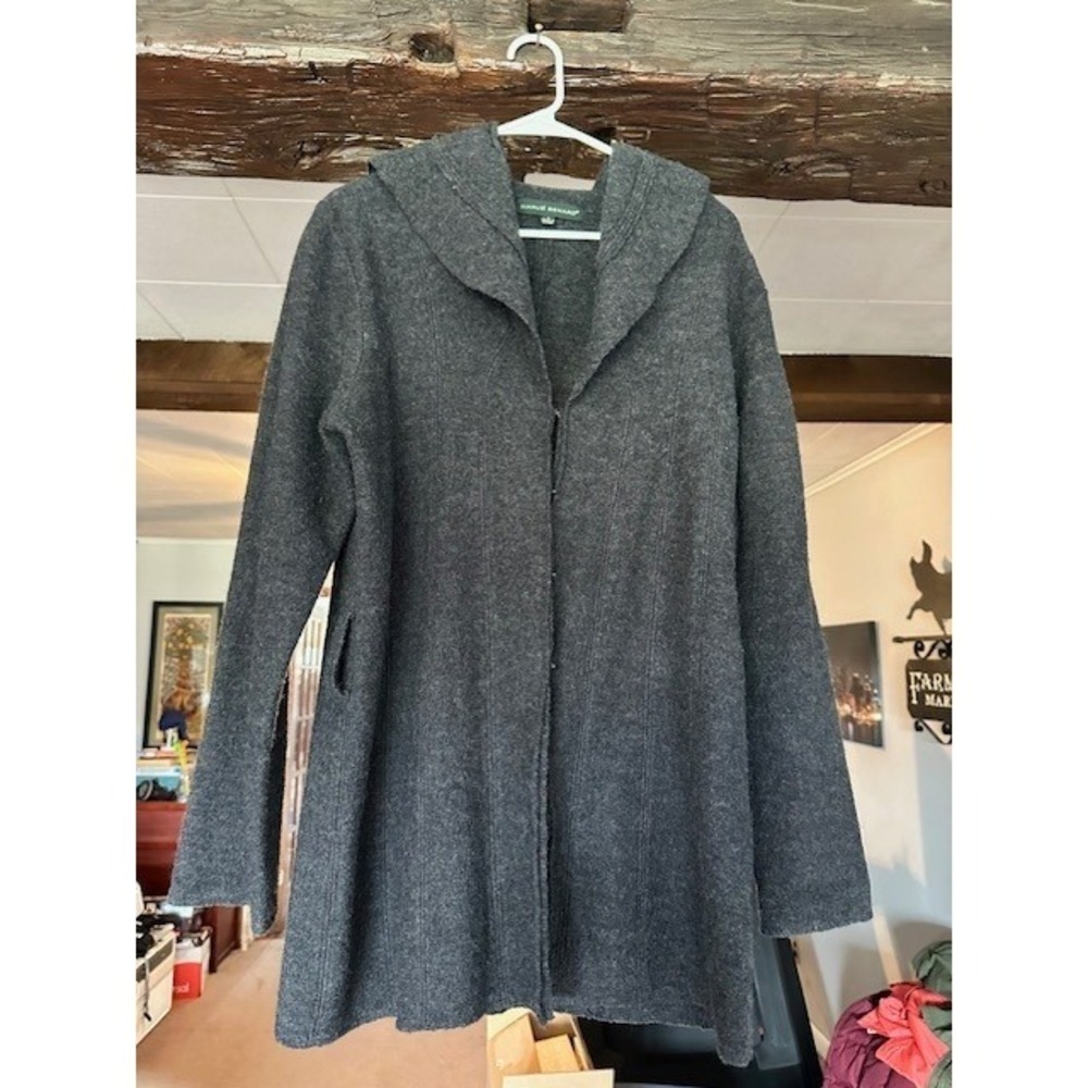 Harve Benard 100% Wool Hooded Cardigan Sweater Gray Boiled Wool Jacket Womens L